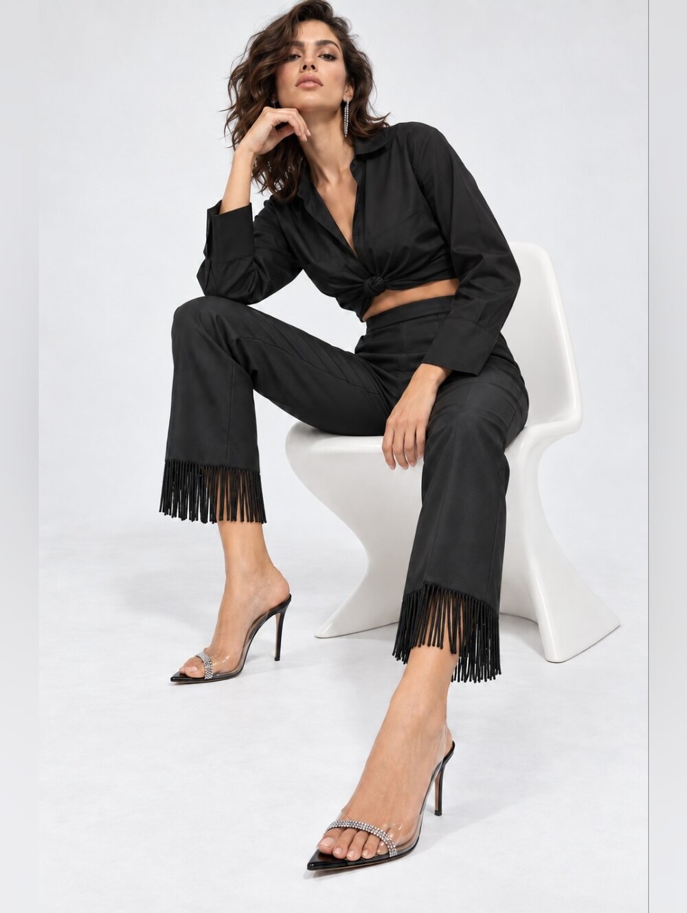 Black Satin Fringe Hem Cropped Dress Pants S